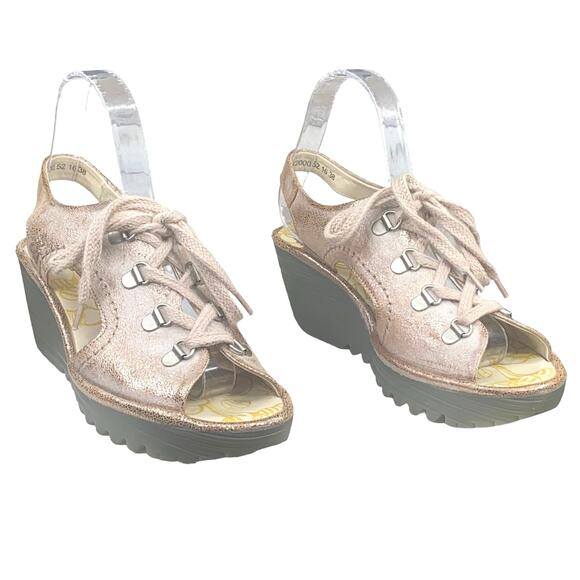 Fly London Women's Yifa Gold Lace Up Wedge Sandal Size 38 US 7.5/8 - Picture 5 of 13